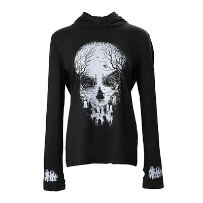 Women s Long Sleeve Halloween Skull Print Hooded Hoodies Shirts Spring Fall Casual Tops Streetwear Fashion Pullover Sweatshirt