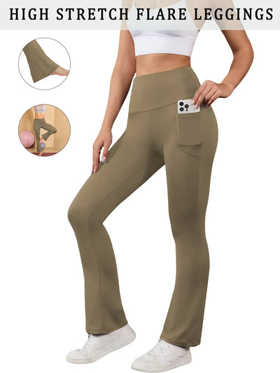 Women's Super Soft Flare Pants with Pockets High Waisted Tummy Control Workout Yoga Push Up Gym Fitness Leggings Bell Bottoms