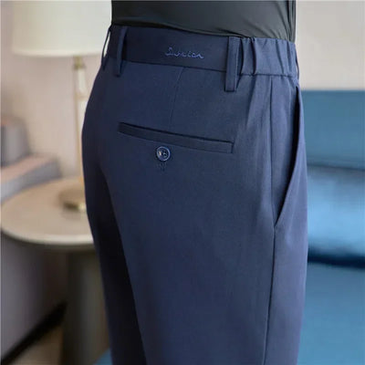 High End Elastic Waistband Suit Pants for Men Embroidered Business Casual Pants Solid Colror Versatile Social Office Trousers