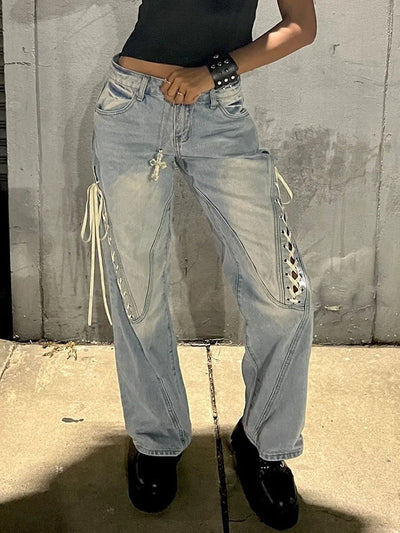 Women's Spring Summer Baggy Pants Mid Waist Loose Side Bandage Wide Leg Denim Pants