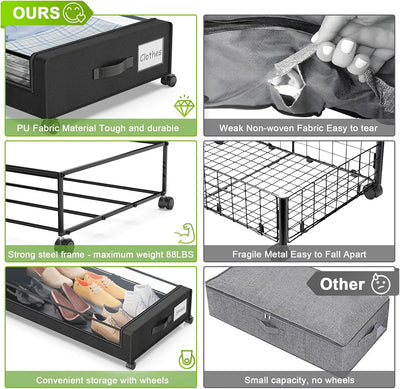 4-Pack XXL 60L Under Bed Storage with Wheels with Clear Lids - Rolling Drawers & Bins for Clothes,Shoes,Toys,(Black)