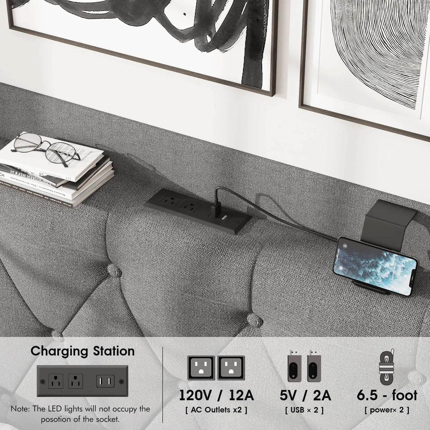 Vabches Floating Queen Bed Frame with Storage Headboard Linen Fabric Upholstered Platform Bed Frame with LED Light&Power Outlet
