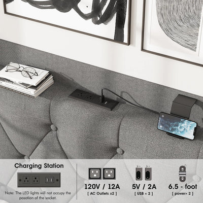 Vabches Floating Queen Bed Frame with Storage Headboard Linen Fabric Upholstered Platform Bed Frame with LED Light&Power Outlet