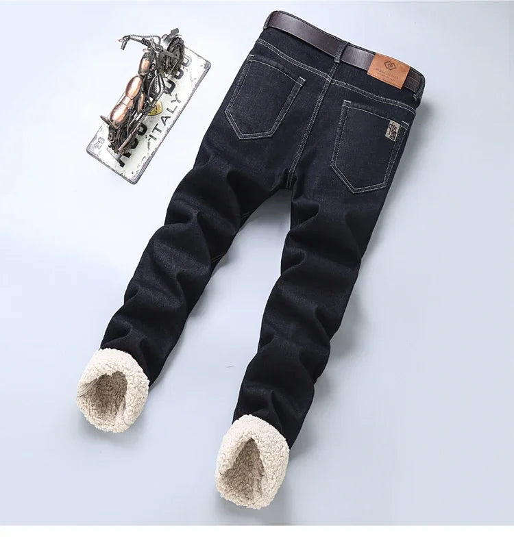 Men's Wool Velvet Jeans Winter Fleece Thickened Business Casual Straight Denim Pants Soft Cozy Thermal Stretch Trousers Male