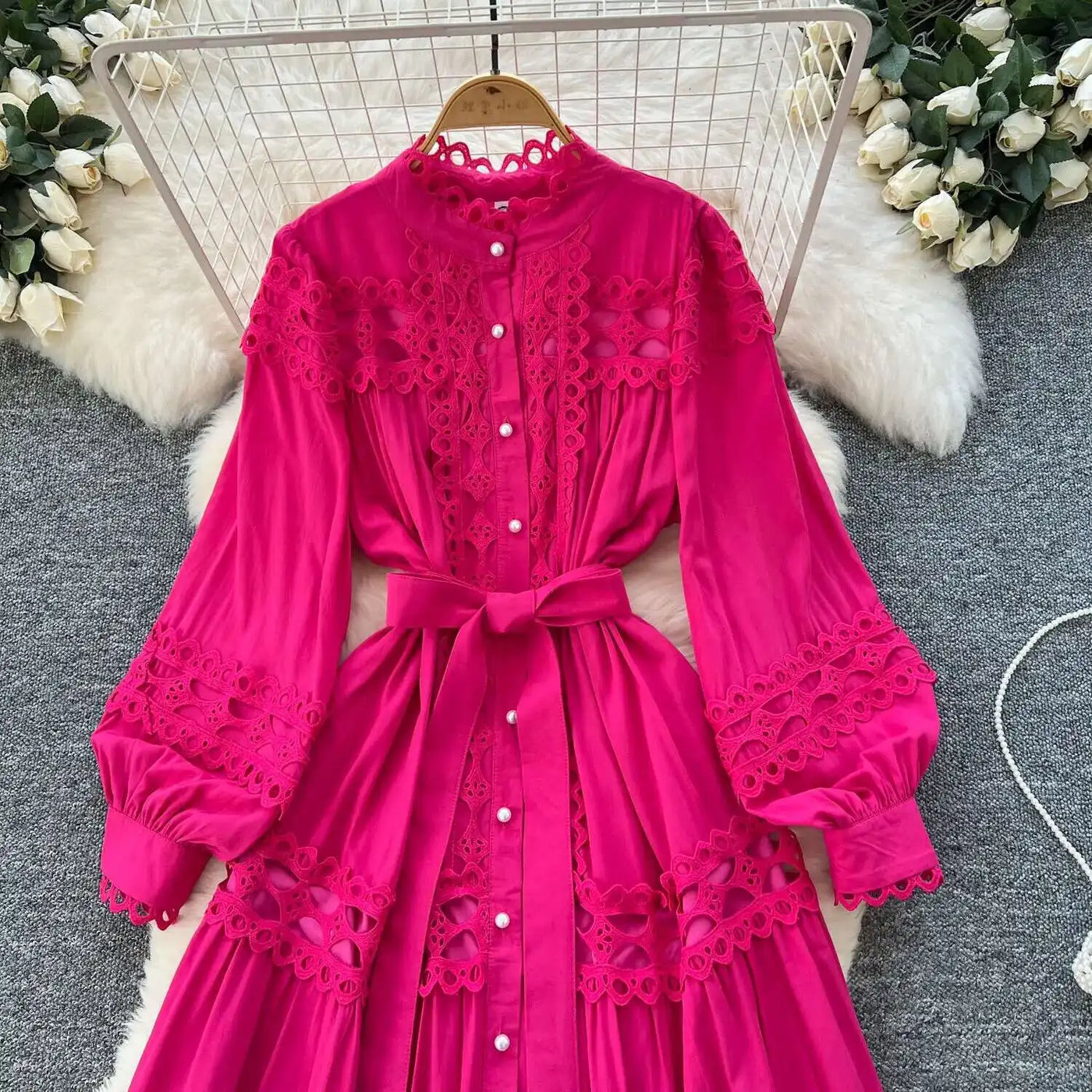 Elegant Long Maxi Hollow Out Dress Shirt Women Summer Autumn Palace Retro Pearl Button Embroidery Crochet Evening Party Vestidos