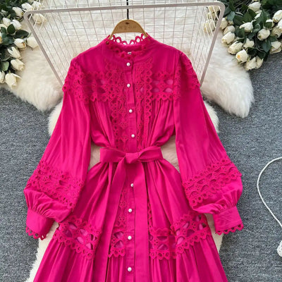 Elegant Long Maxi Hollow Out Dress Shirt Women Summer Autumn Palace Retro Pearl Button Embroidery Crochet Evening Party Vestidos