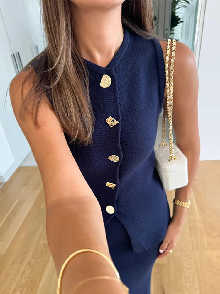 Single Breasted Knit Vest Mermaid Dress Woman Set O-Neck Split Sleeveless Top Solid Color Slim Long Dresses Casual Women Sets