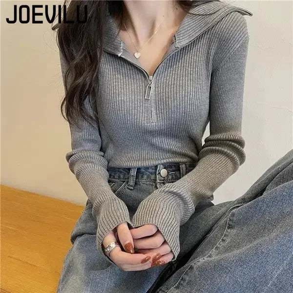 Zip Half Open Collar Knitted Sweater Spring and Autumn Long Sleeve Slim Bottom Shirt Women's Chic Top Pullover Y2k Korean Pulls