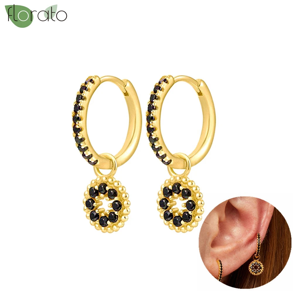 925 Sterling Silver Needle Fashion Round Pendant Small Earrings Luxury Gold Hoop Earrings for Women Premium Black Jewelry Gifts