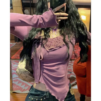 2025 Autumn New Long Sleeve Bottoming T-Shirts Women Elegant Sweet Y2k Aesthetic Tshirts Korean Irregular Chic Bow Tees Femme