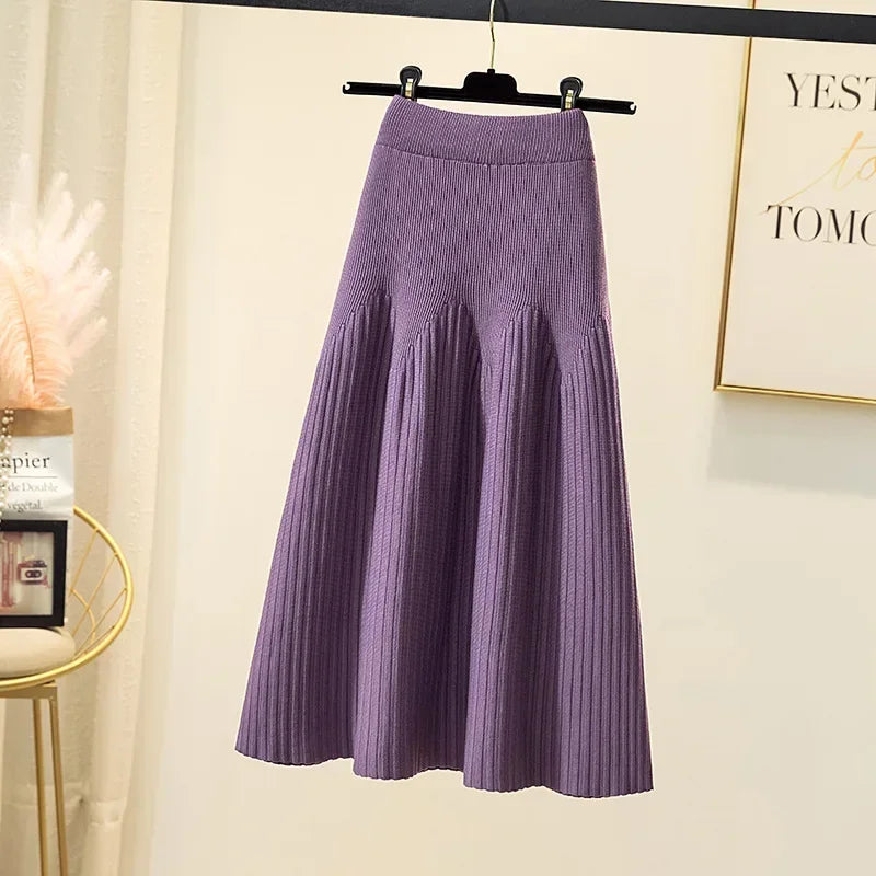 2025 Women's High Waisted Thickened Knitted Skirt Mid-length Wool Skirt All-match A-line Long Skirt Autumn Winter Skirts Female