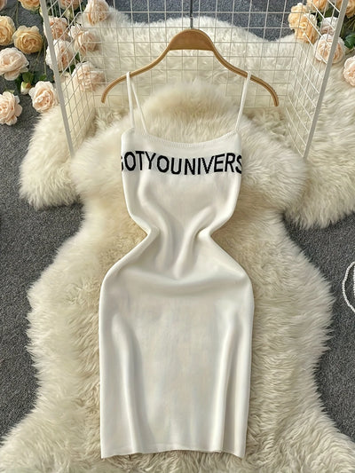 2026 Green Summer Letter Print Cami Dress Casual Sleeveless Bodycon Spaghetti Dress Women's Clothing Outfits Short Sundress