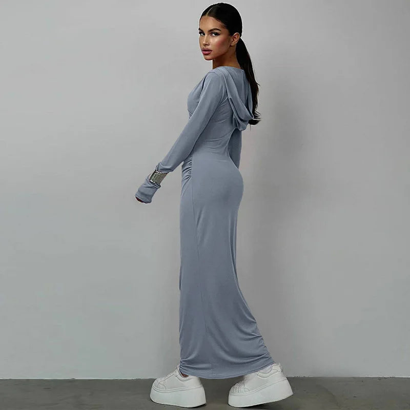 Hugcitar Solid Hoodies V Neck Long Sleeve Draped Sexy Slim Maxi Dress 2023 Winter Women Fashion Y2K Outfits Streetwear Party