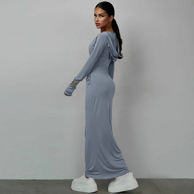 Hugcitar Solid Hoodies V Neck Long Sleeve Draped Sexy Slim Maxi Dress 2023 Winter Women Fashion Y2K Outfits Streetwear Party