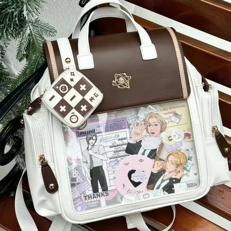 Y2K Cute Vintage Aesthetic Ita Backpack Women Large Capacity PU Student Knapsack JK Girl Transparent Bag Fashion Preppy Rucksack