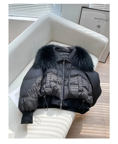 Fashionable Women's Winter Down Jacket Cropped Fox Fur Collar High End 90% White Duck Feather Coat Thick Long Sleeves