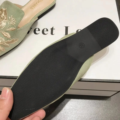 Women's Mules Slippers Summer Footwear Flats Retro Chinese Style Flowers Elegant Dress Low Heel Sandals Designer Slides on sales