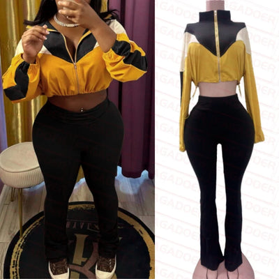 FAGADOER Color Block Street 2 Piece Set Outfit Casual Zip Drawstring Crop Top + High Waist Flare Pants Suit Autumn New Activwear