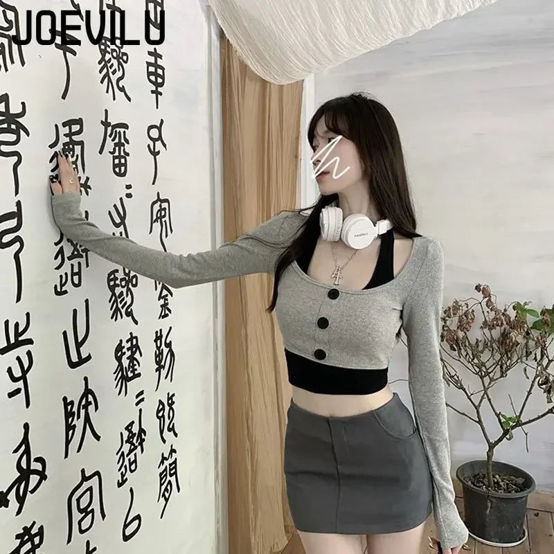 Women's Top Halter Vest 2 Piece Sets U Neck Long Sleeve Crop Tops Babes Korean Style Chic Short T-shirt Ladies Gothic Y2k Tees
