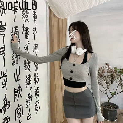 Women's Top Halter Vest 2 Piece Sets U Neck Long Sleeve Crop Tops Babes Korean Style Chic Short T-shirt Ladies Gothic Y2k Tees