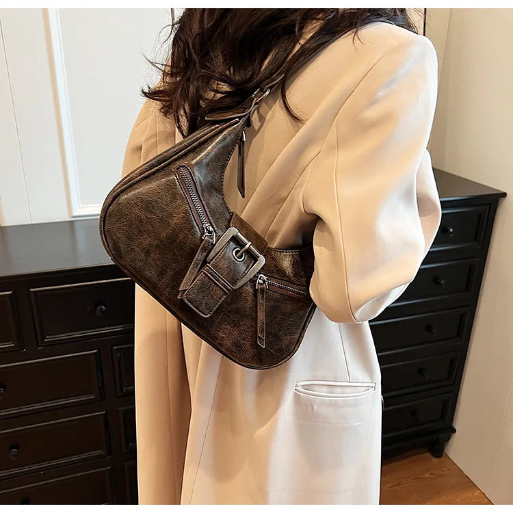 Retro Belt Design PU Leather Shoulder Bags for Women 2024 Y2K Small Vintage Female Underarm Crossbody Bag Fashion Handbags