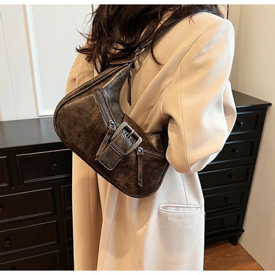 Retro Belt Design PU Leather Shoulder Bags for Women 2024 Y2K Small Vintage Female Underarm Crossbody Bag Fashion Handbags