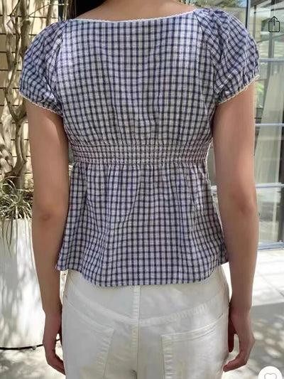 Lace Three-button Plaid Puff Sleeve Short Sleeve T-shirt Women's Summer Sweet Preppy Style Slim Shirt V-neck Short Tops Y2k