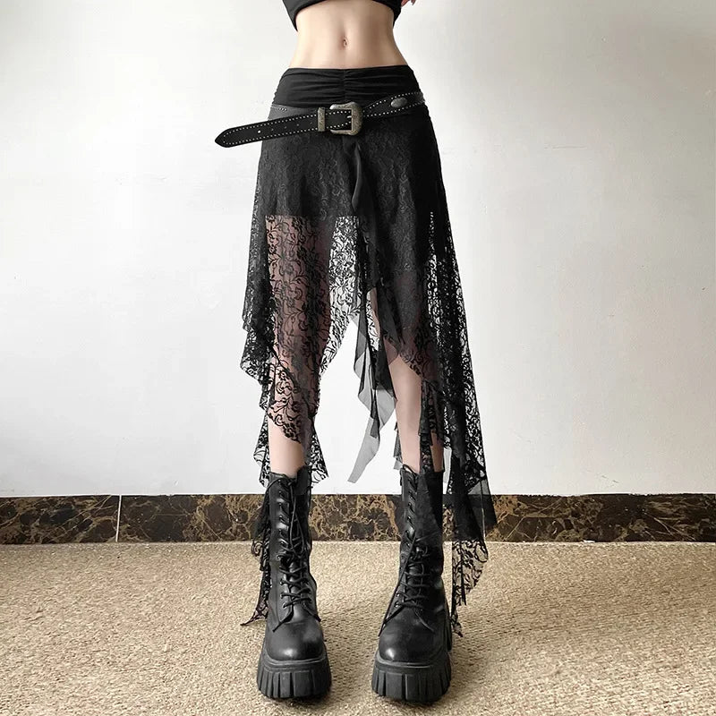 Y2K Goth Dark Irregular Hem Lace Patchwork Mid Skirts Women Streetwear Fairy Slim Pleat A-line Skirt Mall Goth Fashion Bottoms