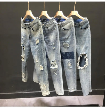 Fashion 2024 New Men's Casual Jeans Distressed Ripped Designer Luxury Boyfriend Spring Autumn Denim Slim Full Length Pants