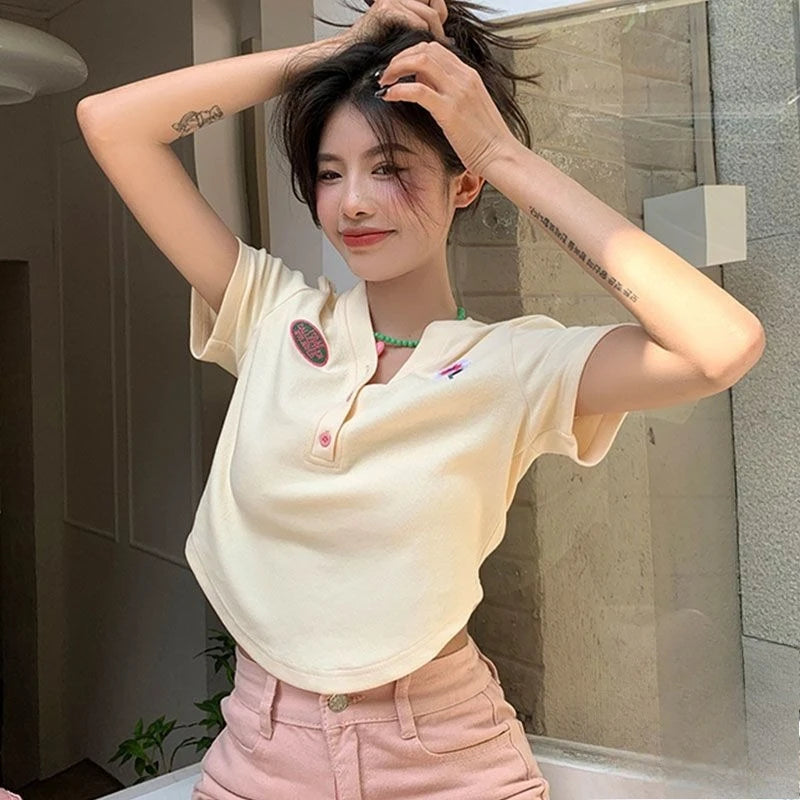 Women's Slim Short-sleeved T-shirt Sexy Pure Desire Wind Spice Girls V-neck Tops Cotton Summer Slim Chic Short Comfortable Top