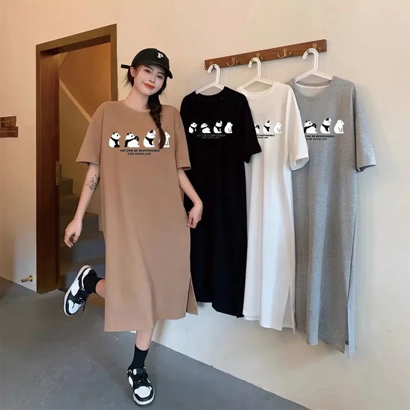Childlike and cute four panda print short-sleeved dress for women summer and autumn new oversized loose round neck home dress