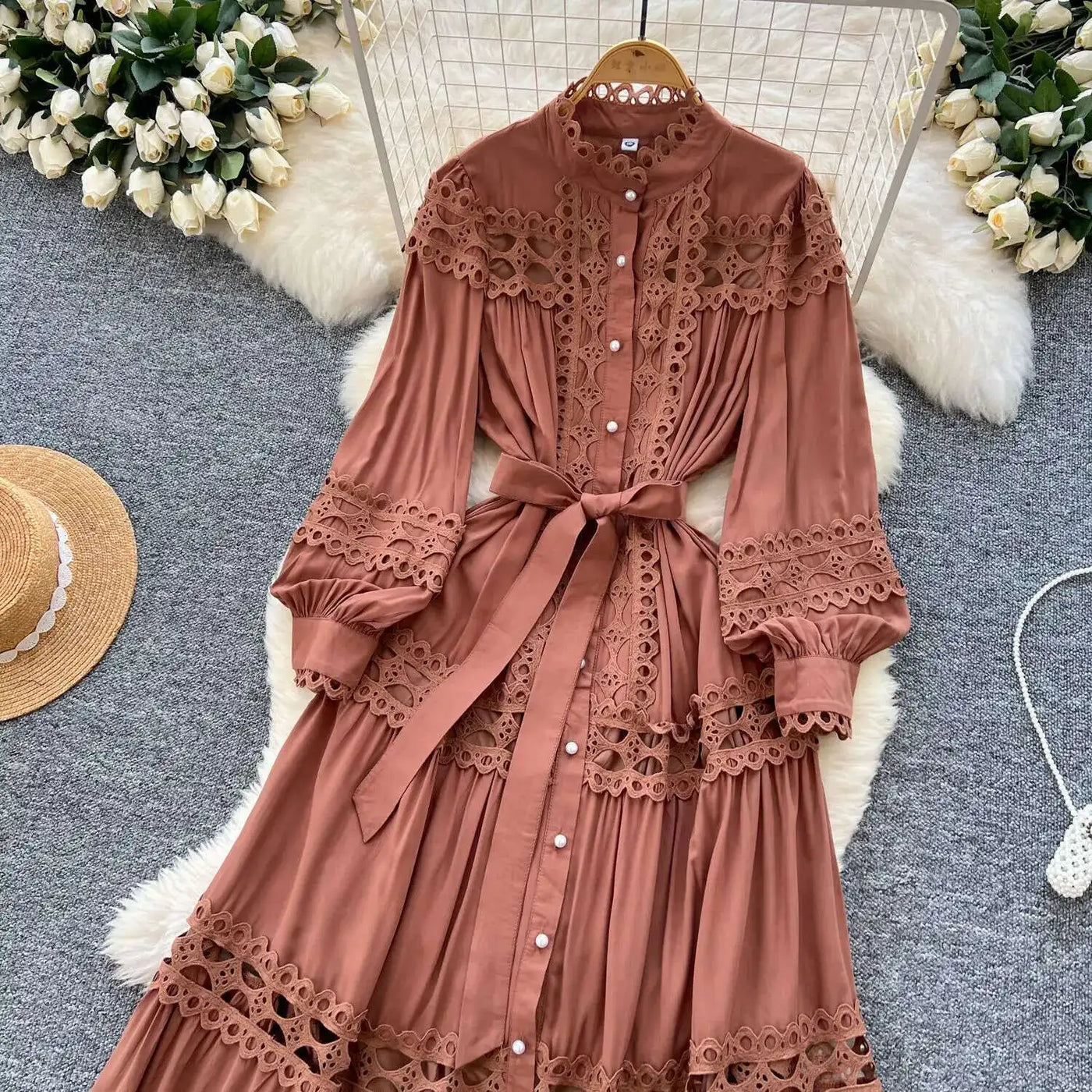 Elegant Long Maxi Hollow Out Dress Shirt Women Summer Autumn Palace Retro Pearl Button Embroidery Crochet Evening Party Vestidos