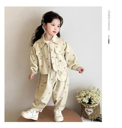 Girls Coat and Pants Two Piece Set 2025 Spring and Autumn New Korean Fashion Floral Casual Coat and Pants Two Piece Set Trend
