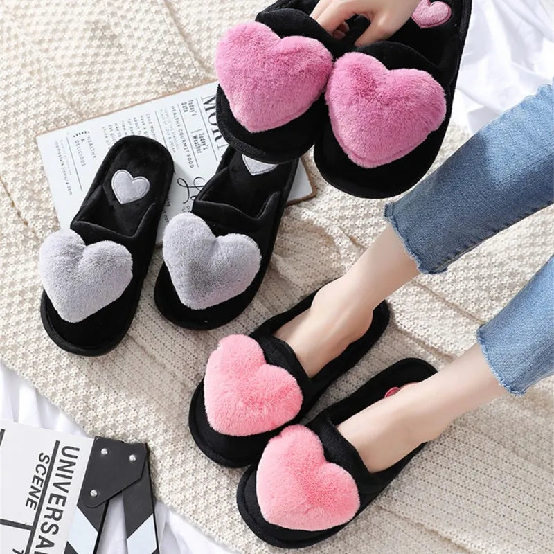 Women Indoor Warm Home Slippers Bedroom Cute Heart Pattern Non-slip Soft Comfort Plush House Slippers Shoes Autumn Winter
