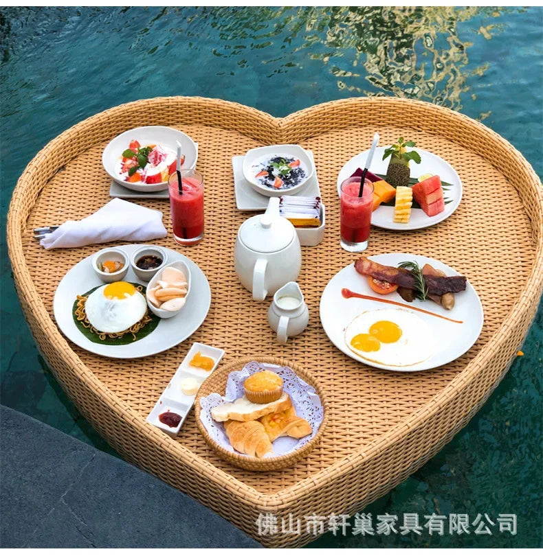 Net red floating tray round rattan woven heart-shaped basket Homestay Hotel Villa swimming pool dinner plate