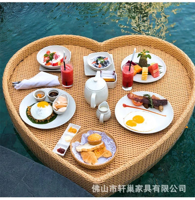 Net red floating tray round rattan woven heart-shaped basket Homestay Hotel Villa swimming pool dinner plate