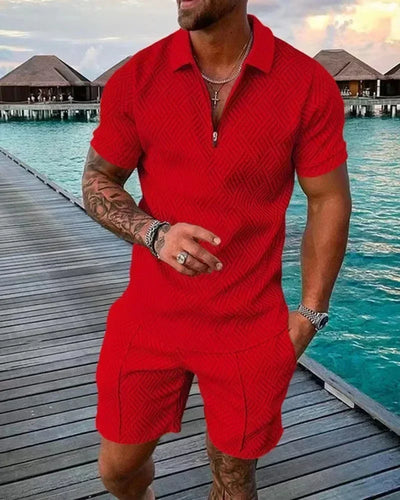New 2025 Men's Polo Suit Fashion Men Sets Solid Summer V-neck Zipper Short Sleeve POLO Shirt+Shorts Two Pieces Men Casual Suit