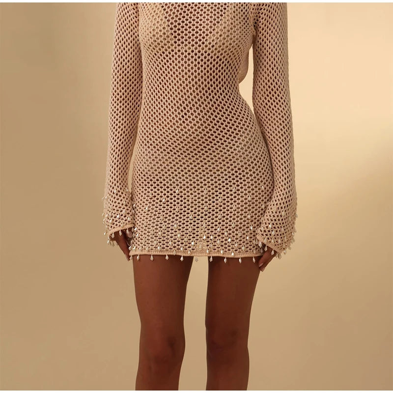 Sexy Knitted Hollow Out Pearl Mini Dress Women Elegant Knitted Backless Lace Up Beach Dresses Lady Spring Chic Party Holiday