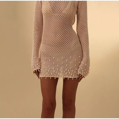 Sexy Knitted Hollow Out Pearl Mini Dress Women Elegant Knitted Backless Lace Up Beach Dresses Lady Spring Chic Party Holiday