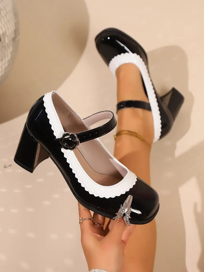 Women's Mary Jane Shoes Retro Mixed Colors Patent Leather Shallow Mouth Buckle Strap Thick High Heels Pumps Sapatos Femininos