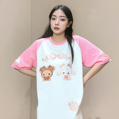 Y2k women clothing Rabbit Cute Pink Kawaii T-shirt Patchwork Short Sleeve Tops 2024 Loose Harajuku Subculture Chic Sweet Tees
