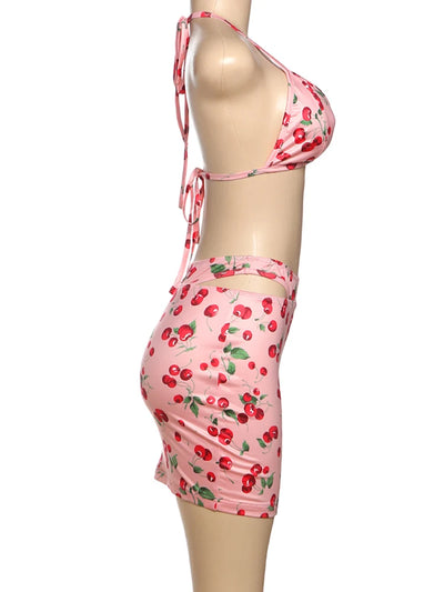 Weird Puss Hottie Sexy 3 Piece Set Women Summer Cherry Print Halter Bra+Thong+Skirts Vacation Beach Party Clubwear Matching Suit