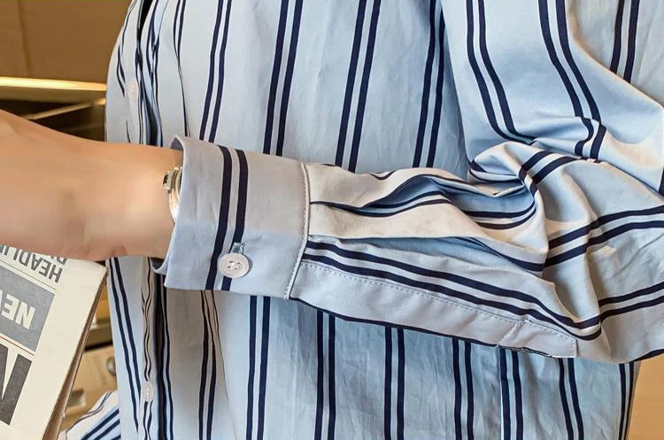 Fake Two Pieces Chiffon Silk Blouse for Women Off Shoulder Top Cool Blue Stripe Cotton Satin Shirt Woman Particular Trends Youth