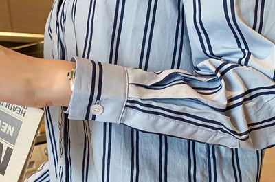 Fake Two Pieces Chiffon Silk Blouse for Women Off Shoulder Top Cool Blue Stripe Cotton Satin Shirt Woman Particular Trends Youth