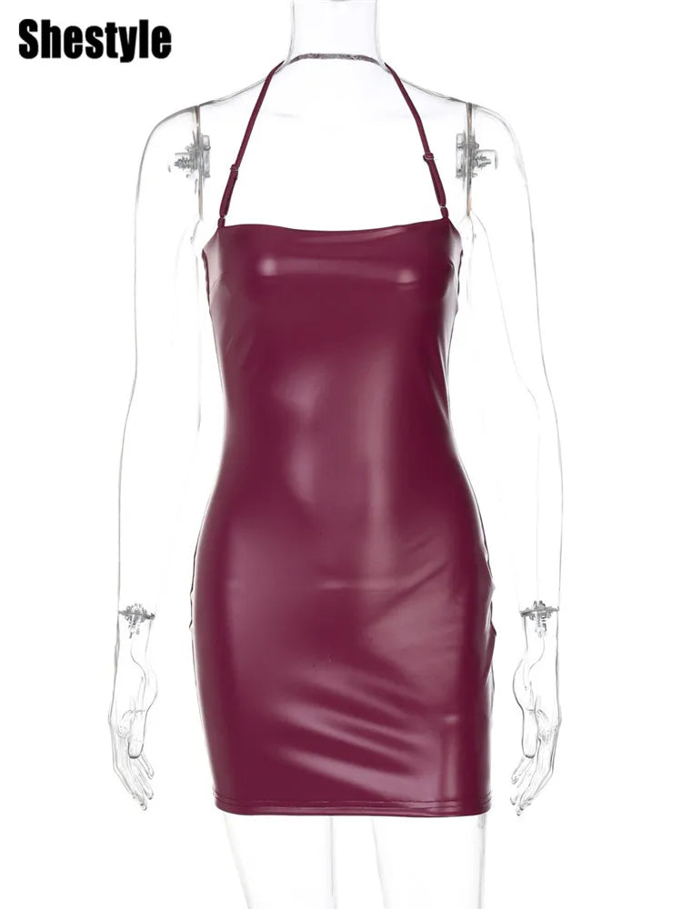 Shestyle Halter Sexy Mini Dress Women Sleeveless 2025 Spring Sheath Solid PU Leather Summer Outfits Hot Clubwear Spaghetti Strap