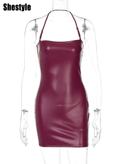 Shestyle Halter Sexy Mini Dress Women Sleeveless 2025 Spring Sheath Solid PU Leather Summer Outfits Hot Clubwear Spaghetti Strap