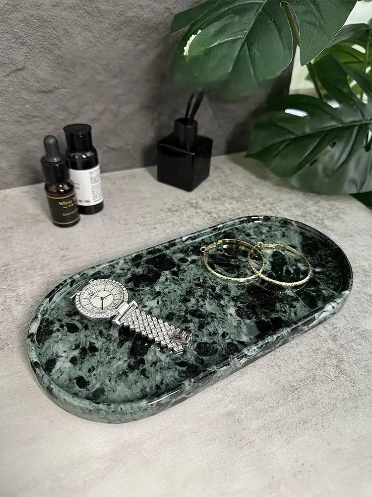 Luxury Green Marble Oval Tray: Bathroom Organizer & Fruit Serving Platter, Waterproof Stone Decor for Hotel Spa Home Kitchen