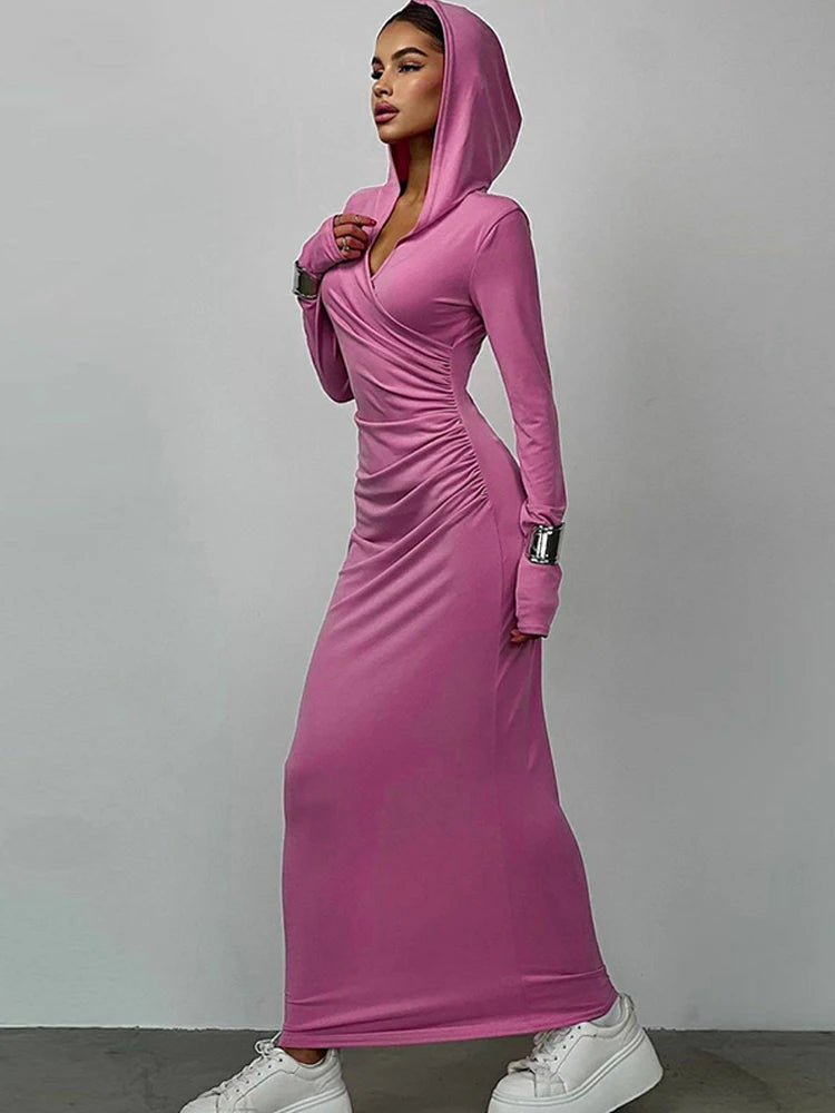 Hugcitar Solid Hoodies V Neck Long Sleeve Draped Sexy Slim Maxi Dress 2023 Winter Women Fashion Y2K Outfits Streetwear Party