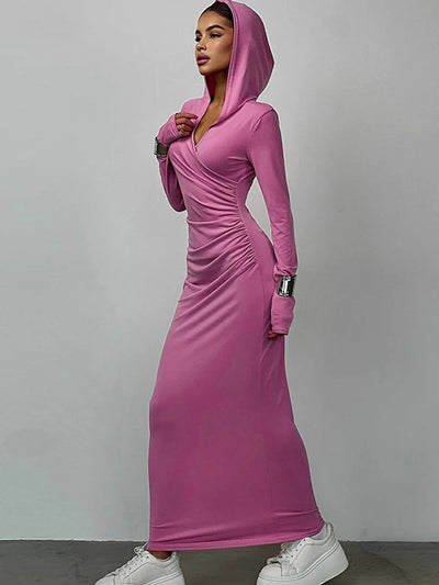 Hugcitar Solid Hoodies V Neck Long Sleeve Draped Sexy Slim Maxi Dress 2023 Winter Women Fashion Y2K Outfits Streetwear Party