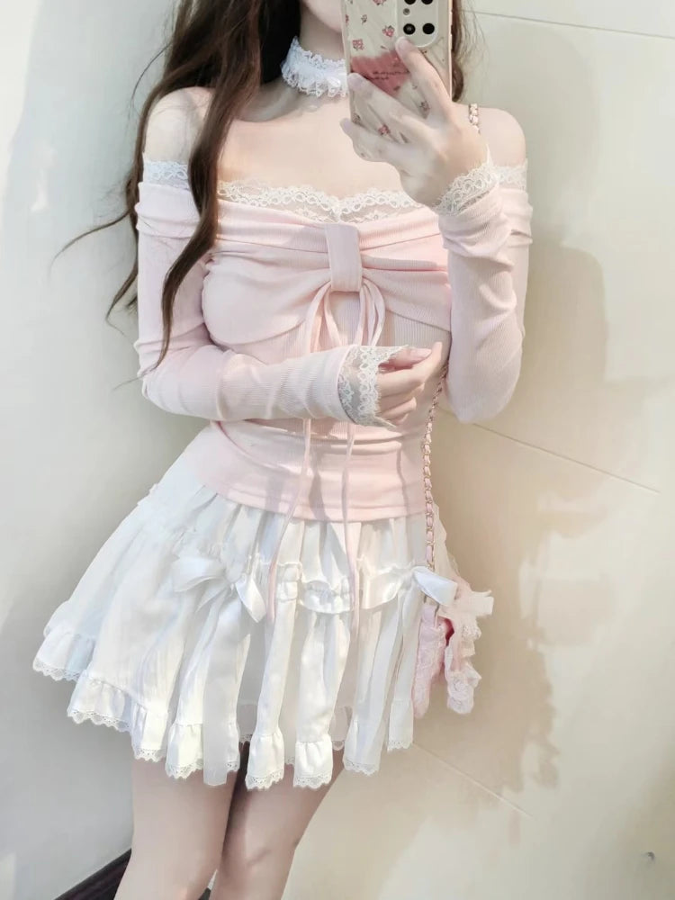 Design Sweet Off Shoulder Pink T-Shirts Women Elegant Kawaii Slim Long Sleeve Lace Tops Female Fashion Lovely Skinny Outfits New